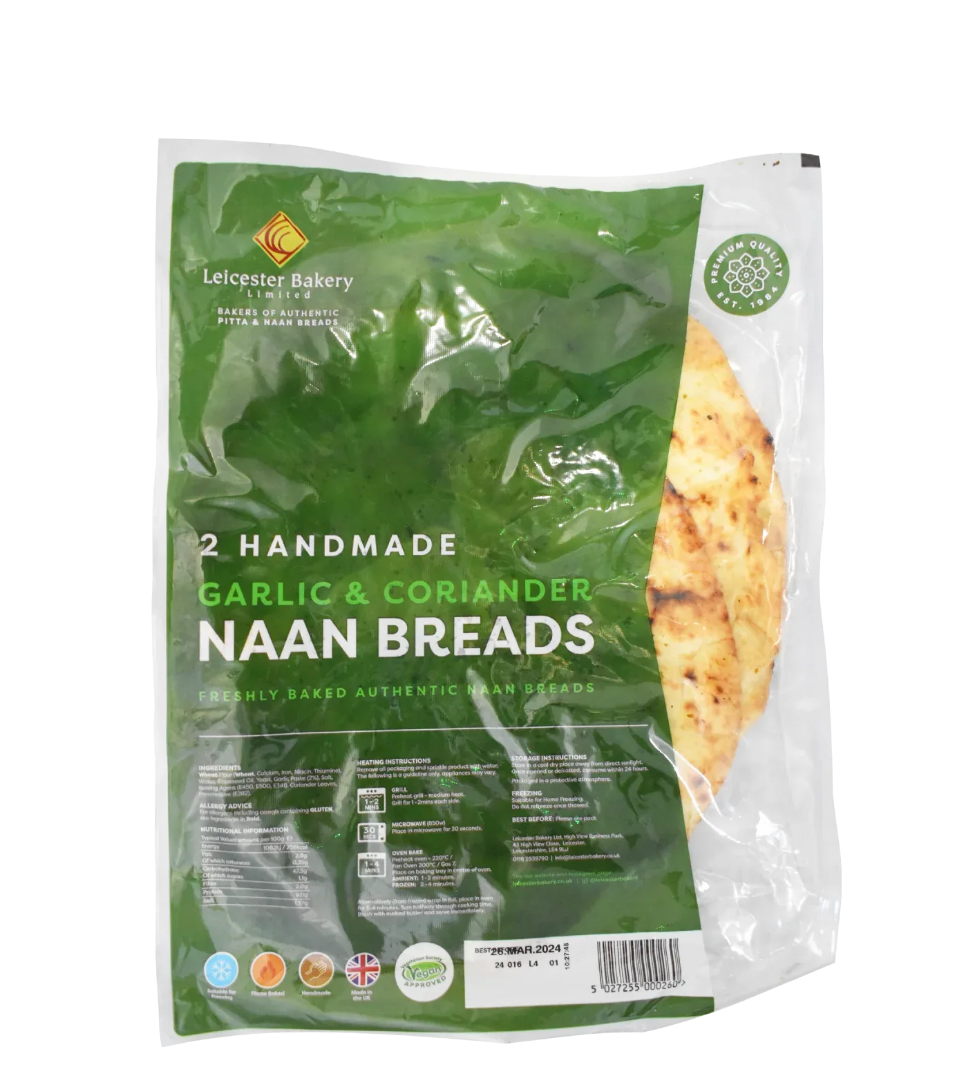 HAND MADE GARLIC CORIANDER NAAN 2PK (LEICESTER BAKERY) - Kashmir Watan Foodstores